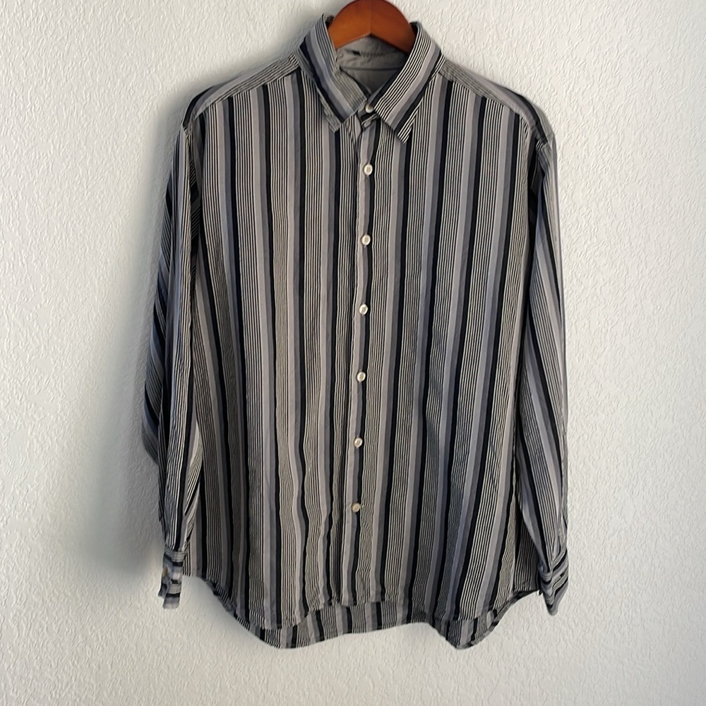 Tommy Bahama Silk Button Down Gray Stripe Long Sleeve Shirt Men’s Large